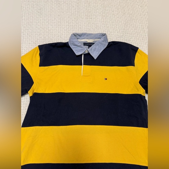 Tommy Hilfiger yellow and navy striped Y2K polo shirt, men’s large. - Picture 2 of 4